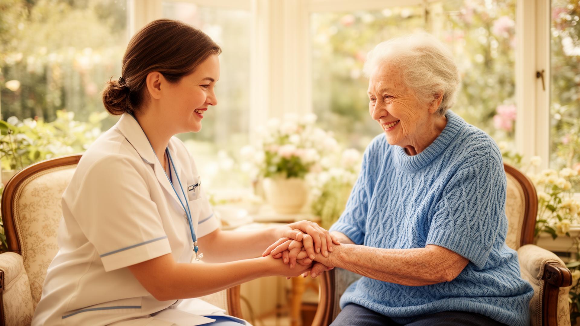 Caregiver holding hands with an elderly resident